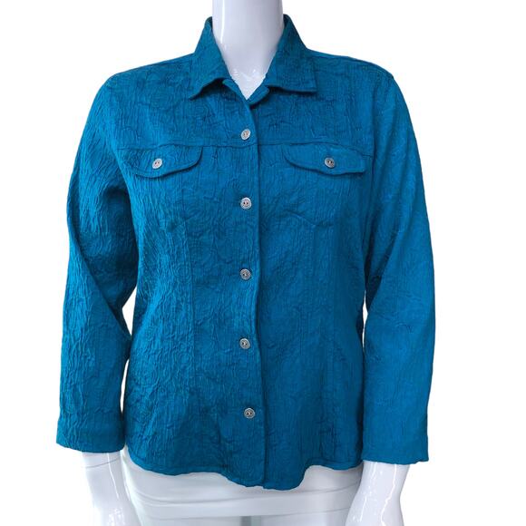 Chicos Womens Size 2 US 12 L Blue Button Front Jacket Textured Cotton Blend - Picture 11 of 15